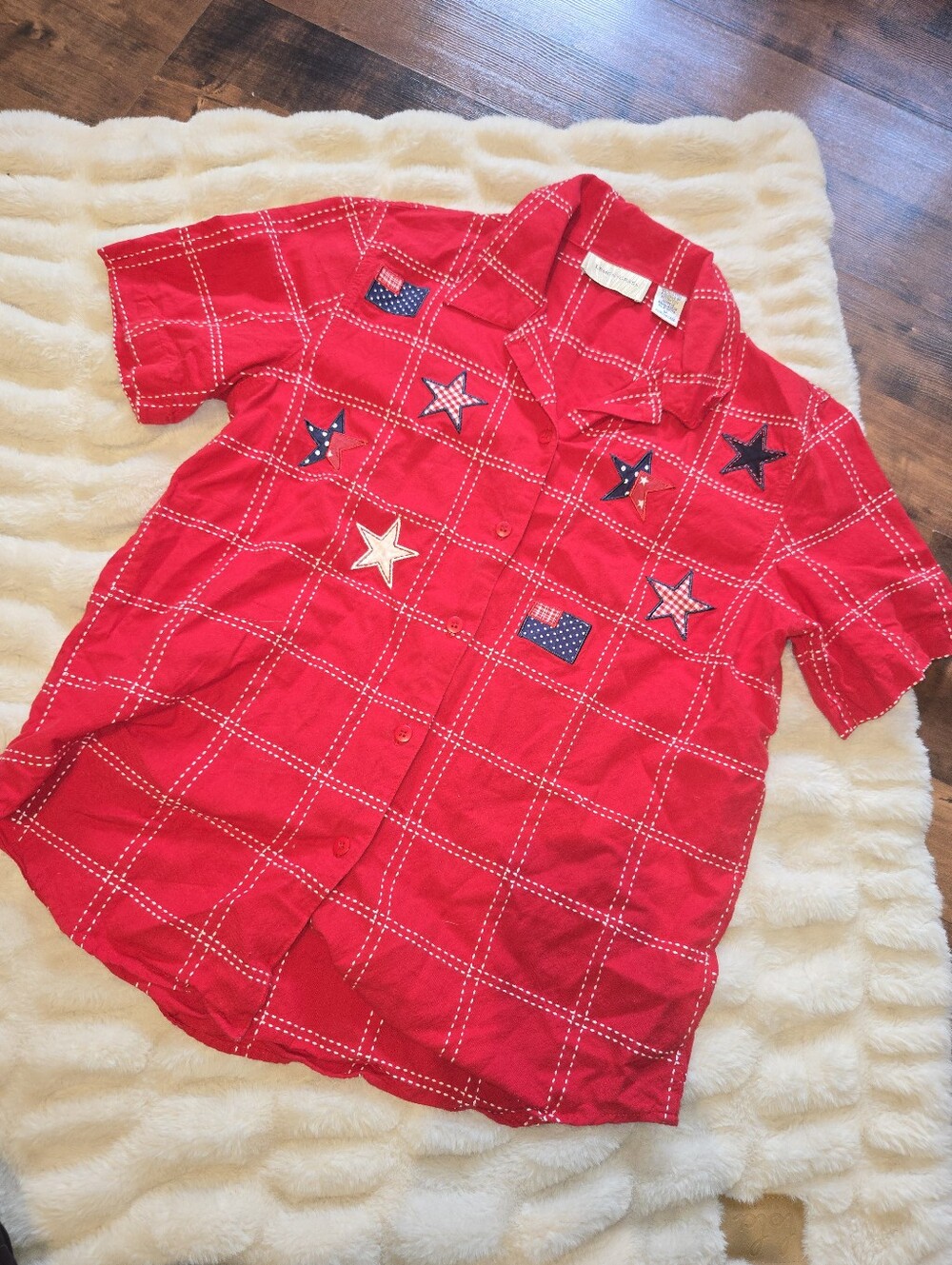 Lemongrass [Medium] Red Americana Short Sleeve Button Up Shirt Stars USA Flag